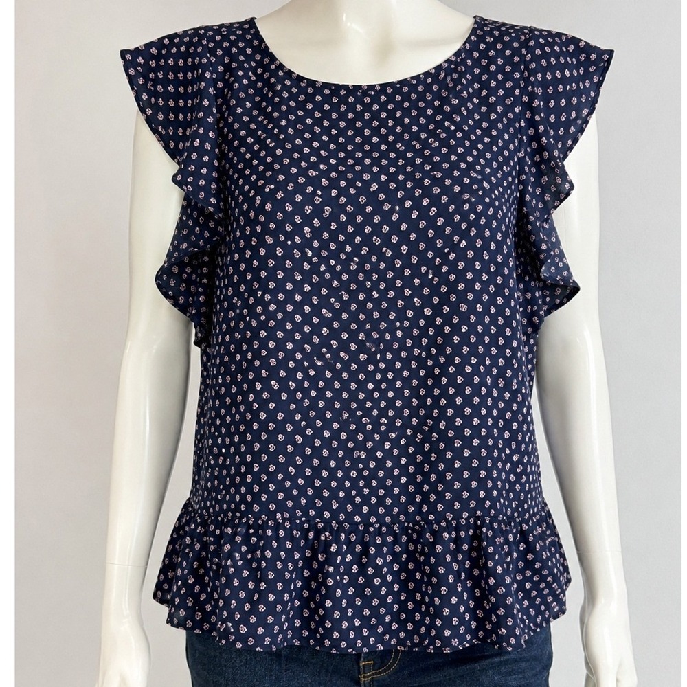 LOFT Womens Blouse Navy Pink Floral Flutter Sleeve XL